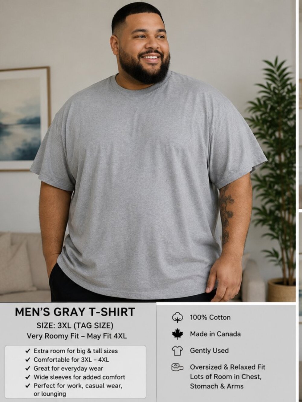 Men's Gray 3XL 100% Cotton Oversized T-Shirt Roomy Fit Made in Canada